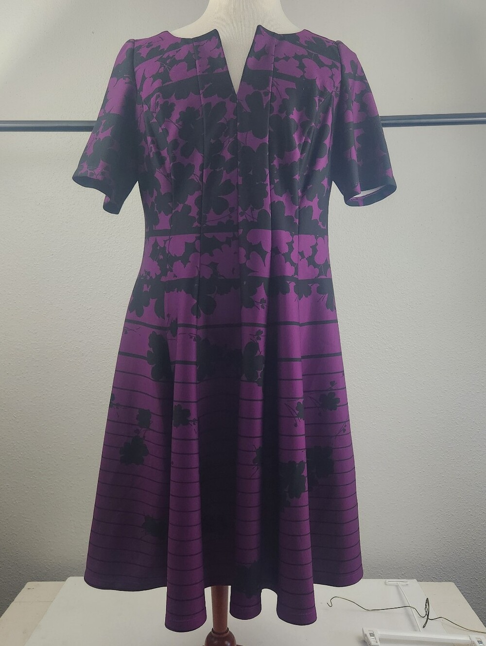 Julian Taylor Purple and Black Floral Midi Fit-and-Flare Dress